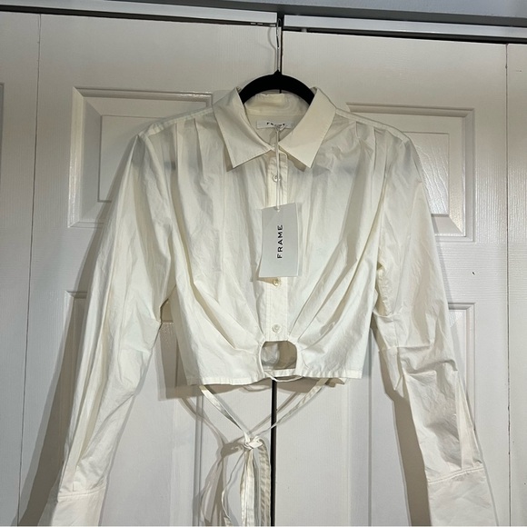 Frame White Cropped Wrap Tie Shirt  Button Up Blouse Size Small NWT Cotton - Picture 9 of 11